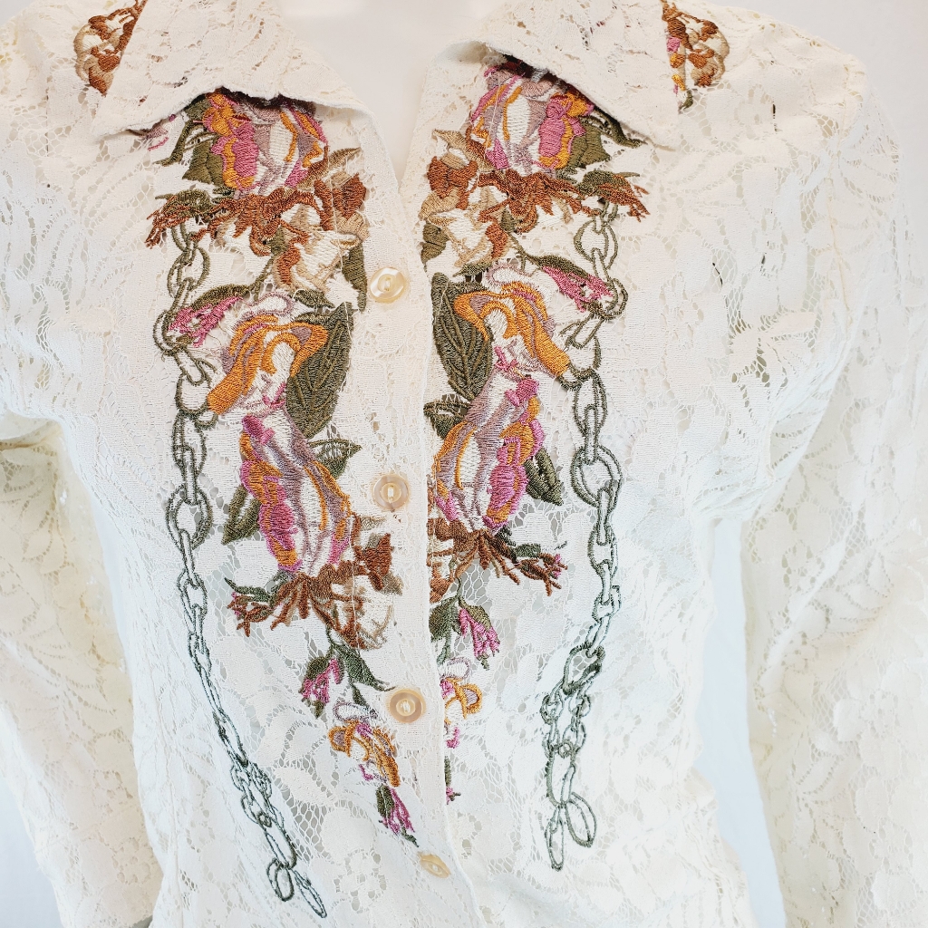 Embroidered Sheer Lace Shirt Ivory Floral Chains M